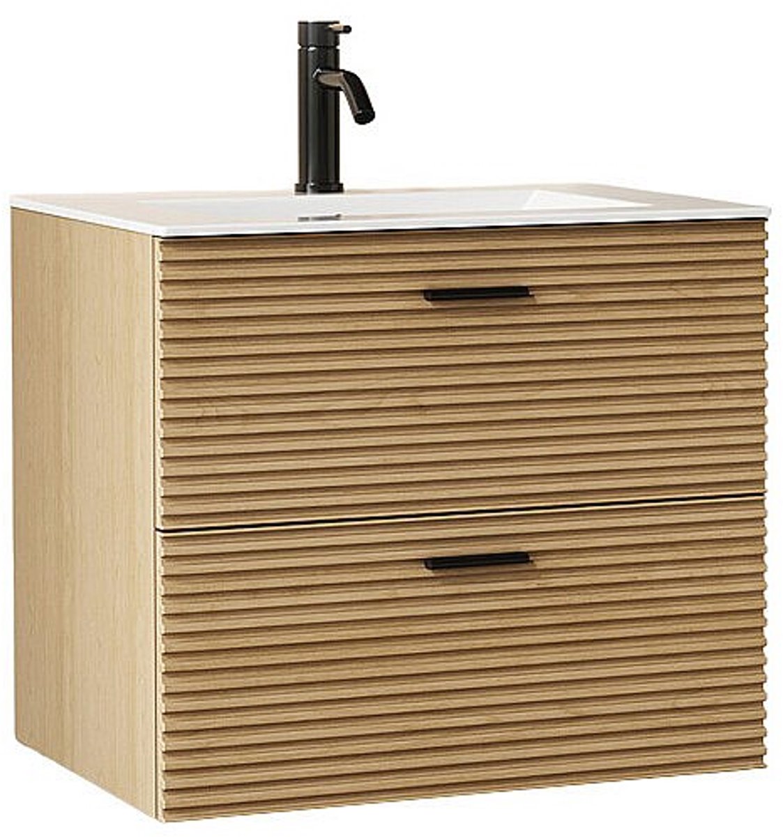 Vente-unique Zwevend geribbeld badkamermeubel met inbouwwastafel en kraan - 2 lades - Licht naturel - 60 cm - SARONE