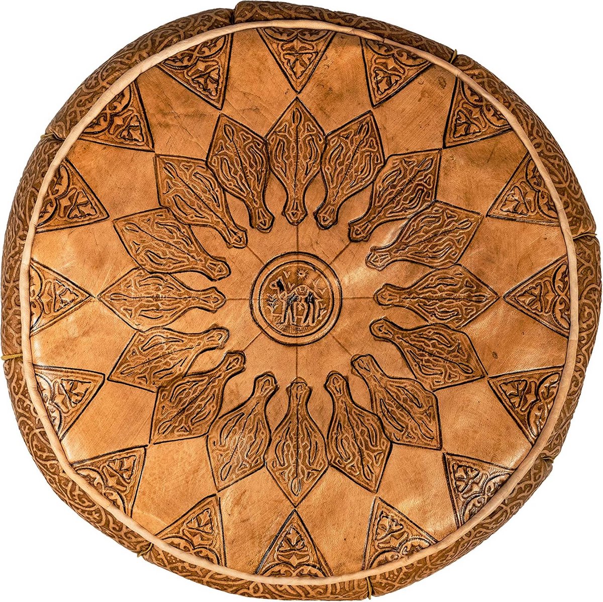 Ronde Leren Poef (Diameter 50cm) - Marokkaans Zitkussen en Voetenbank met Vulling