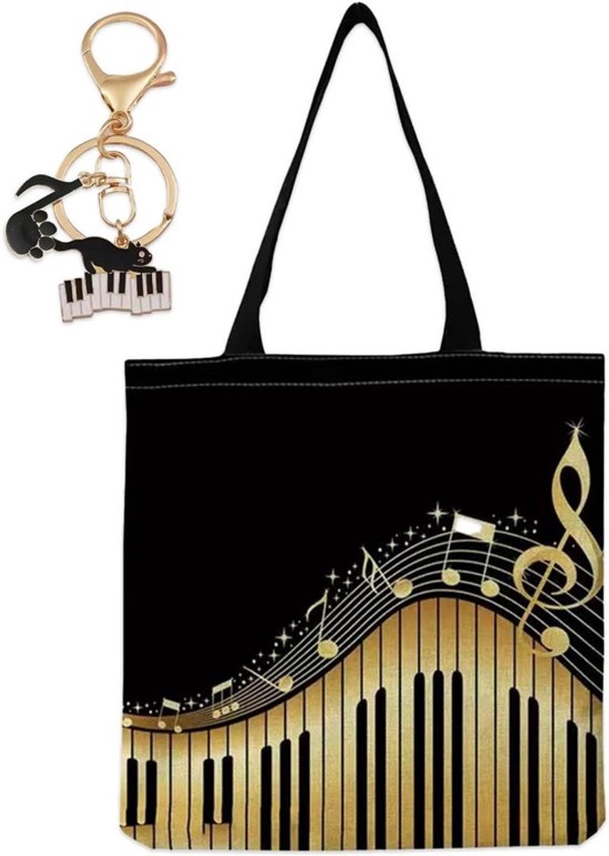 Herbruikbare Katoenen Boodschappentas met Muziekpatroon Bladmuziek en Muziekinstrumenten 38 x 40 cm Hoge Noot Zwart met Muziek Kat Hanger
