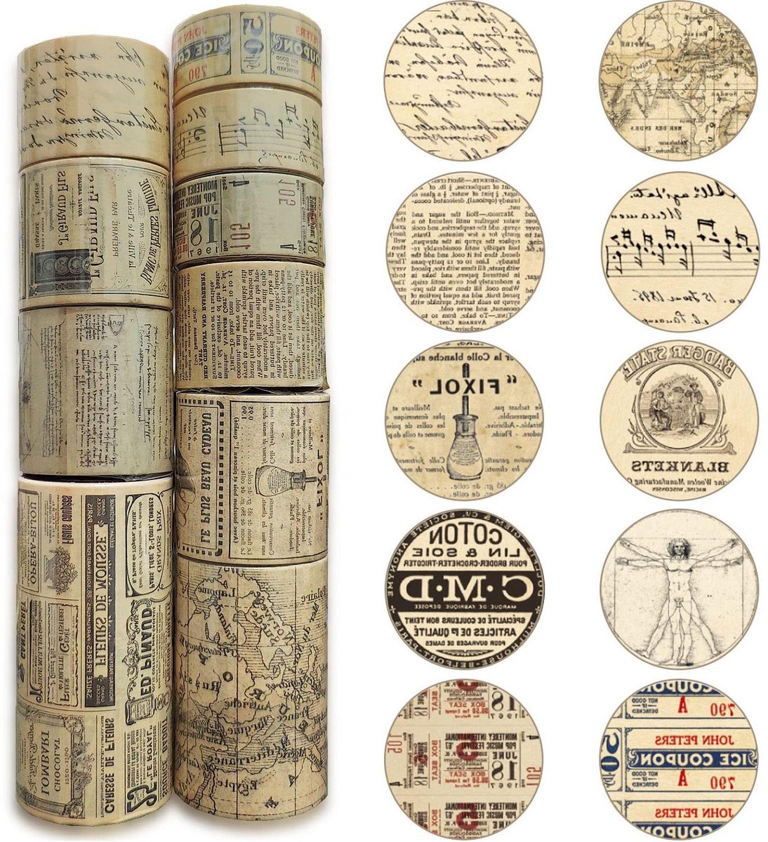 Ronte - Washi-tape set 10 rollen (30 m) in nostalgische stijl voor handwerk en scrapbooking. Ideaal voor dagboek, planner en cadeaupapier. Vintage afdekband.