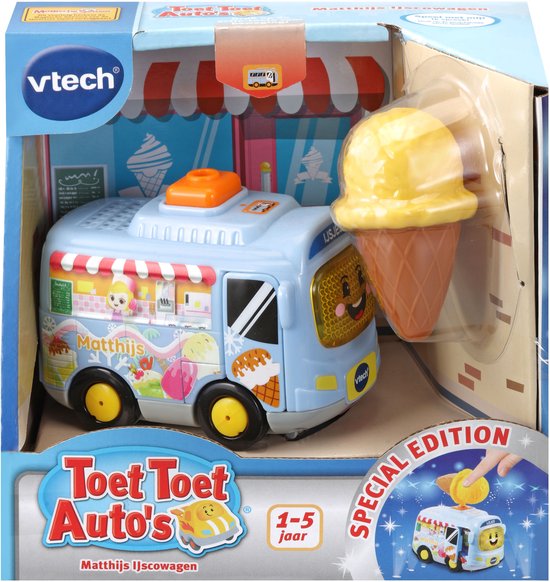 VTech Matthijs IJscowagen in verpakking. Lichtblauwe ijsjeswagen met gele ijshoorn, speelfiguren en illustraties van ijsjes.