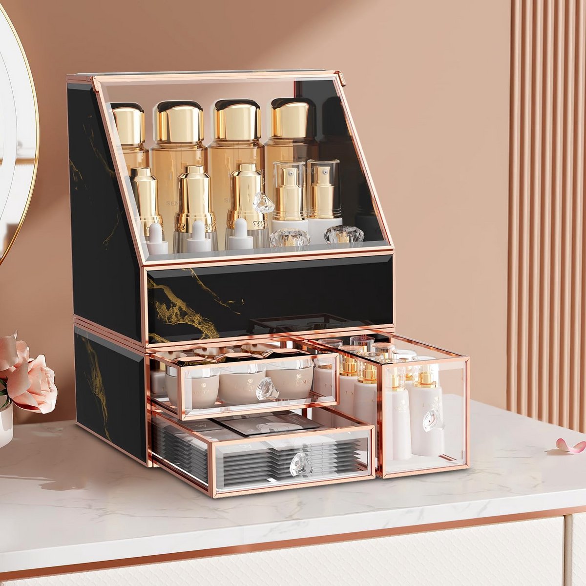 Make-up organizer 2 stuks lade set luxe zwart goud gehard glas serie