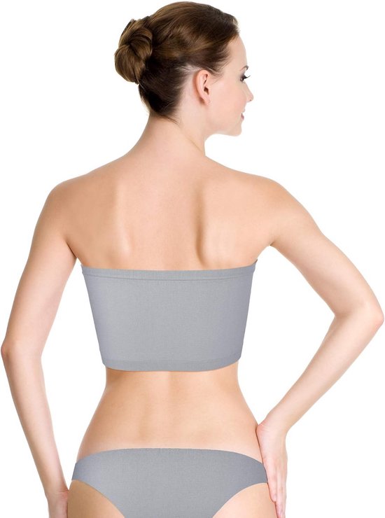Grijze strapless bandeau bh, achterkant, gedragen door een model.
