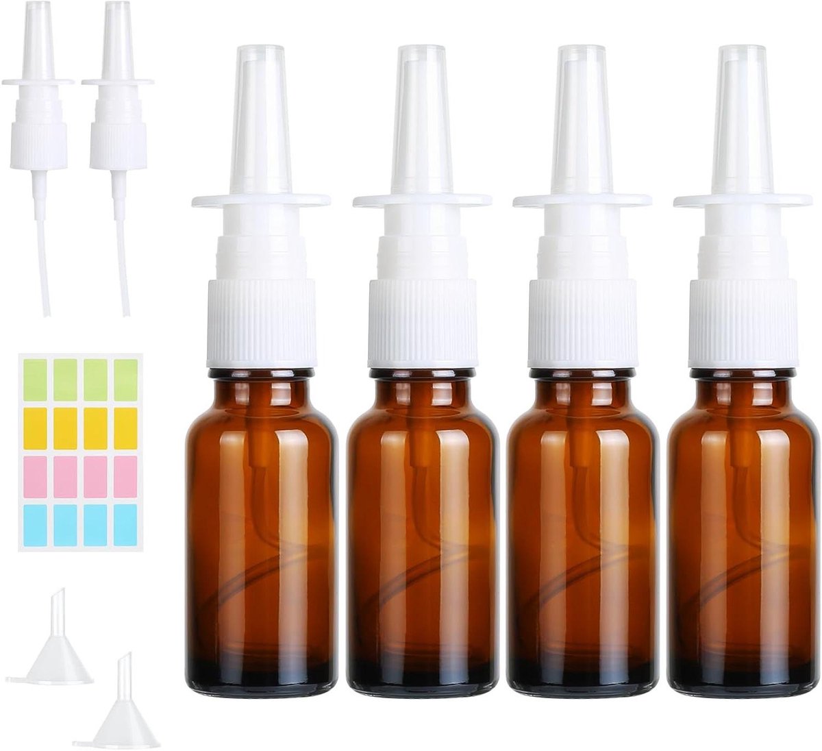 Ronte - Navulbare Neusverstuiver 4 Stuks Bruin Glas Neusspray Flesjes - Met Trechter en Labels voor Parfum en Essentiële Oliën - Zoutoplossing - Praktisch en Handig.