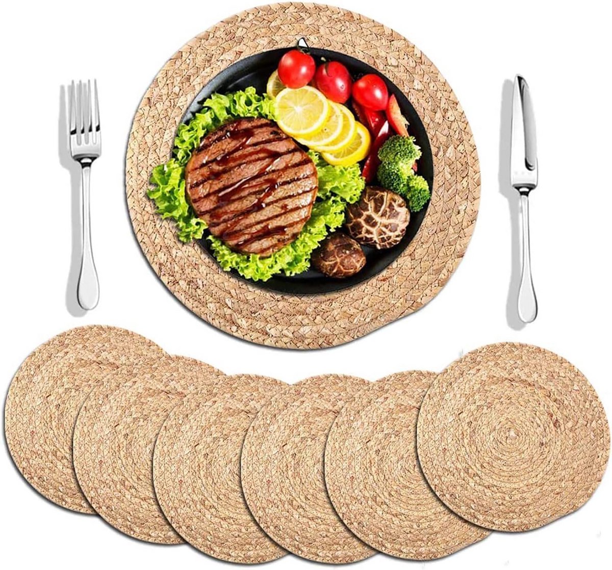 Ronde Geweven Placemats 33 cm – Natuurlijke Waterhyacint Tafelmats, Set van 6