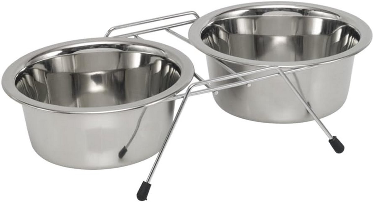 Dubbele Napstandaard met 2 Roestvrijstalen Bakken - 2 x Ø 13 cm - 0,40 Ltr - Chroom