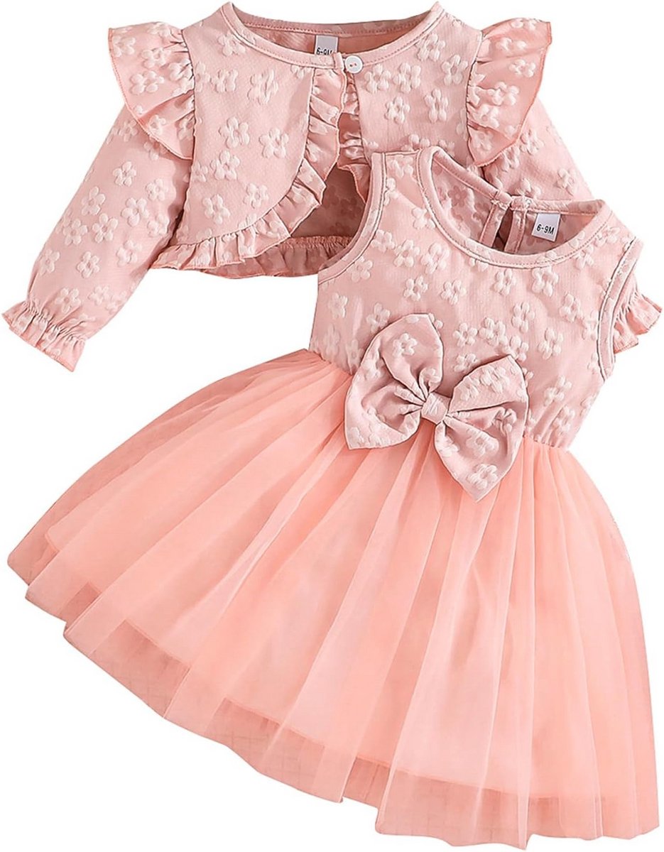 Set van 2 tops met korte en lange mouwen + mouwloze tulejurk met strik voor baby's en kleine kinderen