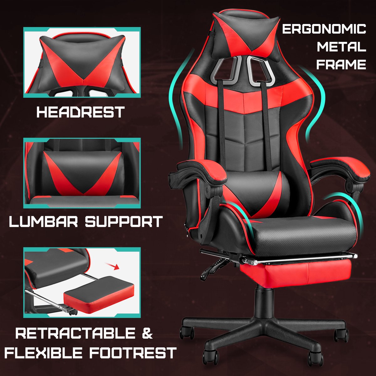 Soontrans Rood-Gaming Stoel met Inklapbare Voetensteun, - afbeelding 3