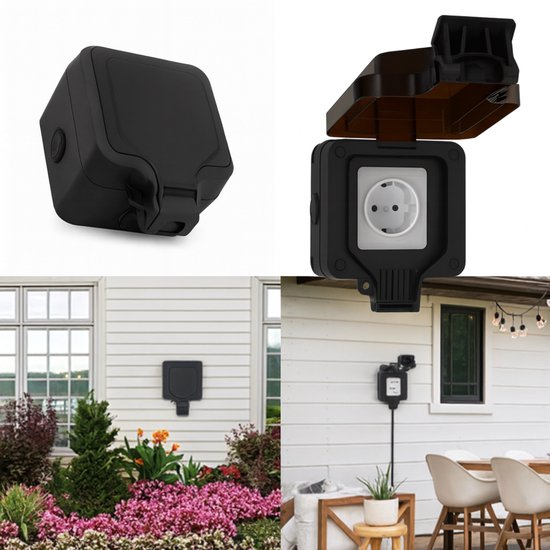 Zwarte buitenwandcontactdoos gemonteerd op een witte gevel, naast een tuin en patio.