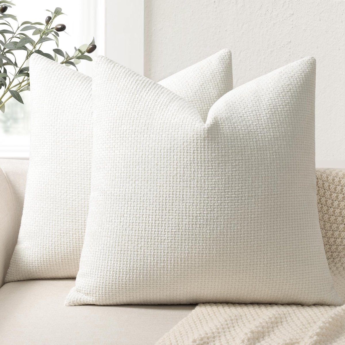 Unyqoos Set van 2 Chenille Sierkussenhoezen voor Luxe Woonkamerdecoratie 45x45 cm zuiver wit