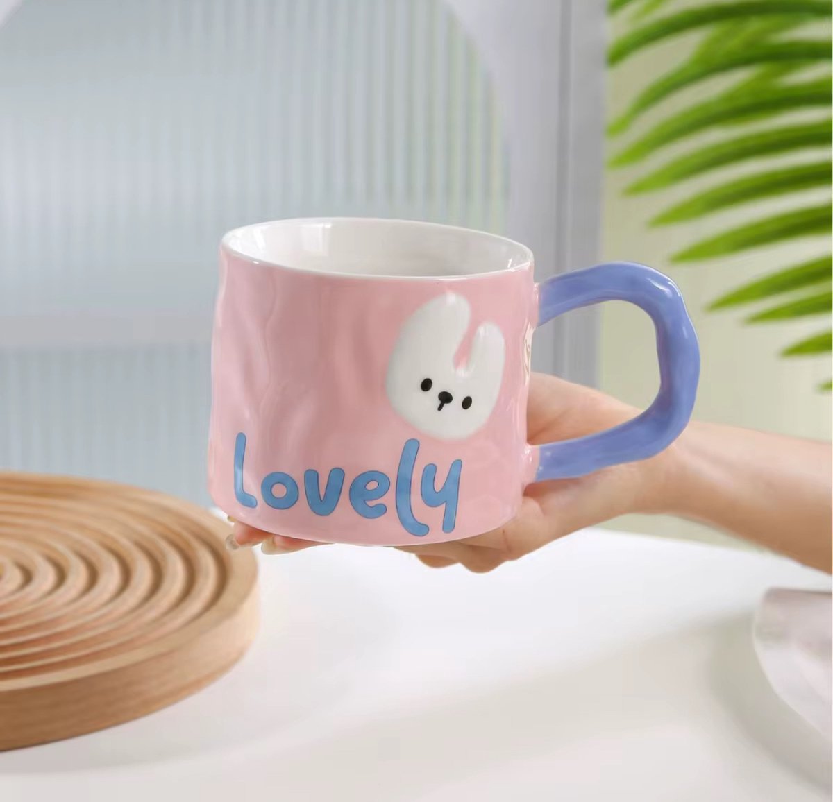 Lovely Keramische Mok – Roze Beker met Konijntje – Schattige Pastel Cup – 410 ml