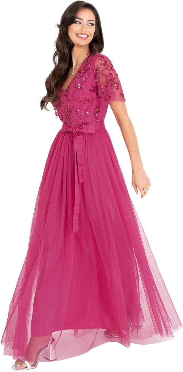 Maxi-jurk met korte mouwen en pailletten lijfje, V-hals, satijnen ceintuur, tule rok, elegant model voor bruiloft en avondgelegenheden