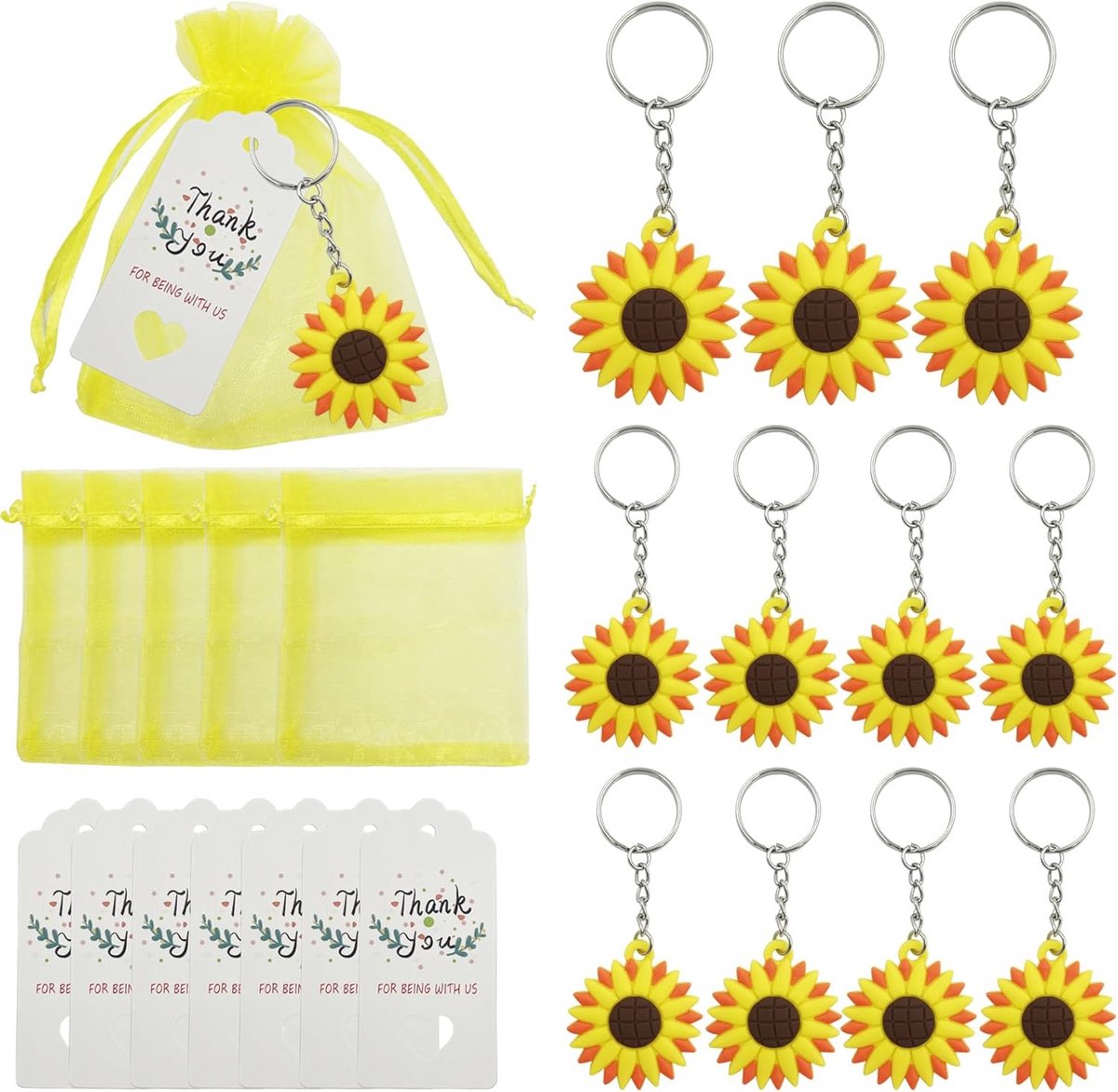 Complete set van 30 cadeautjes voor doop en babyshower met dierhangers, organza zakjes en bedankkaartjes