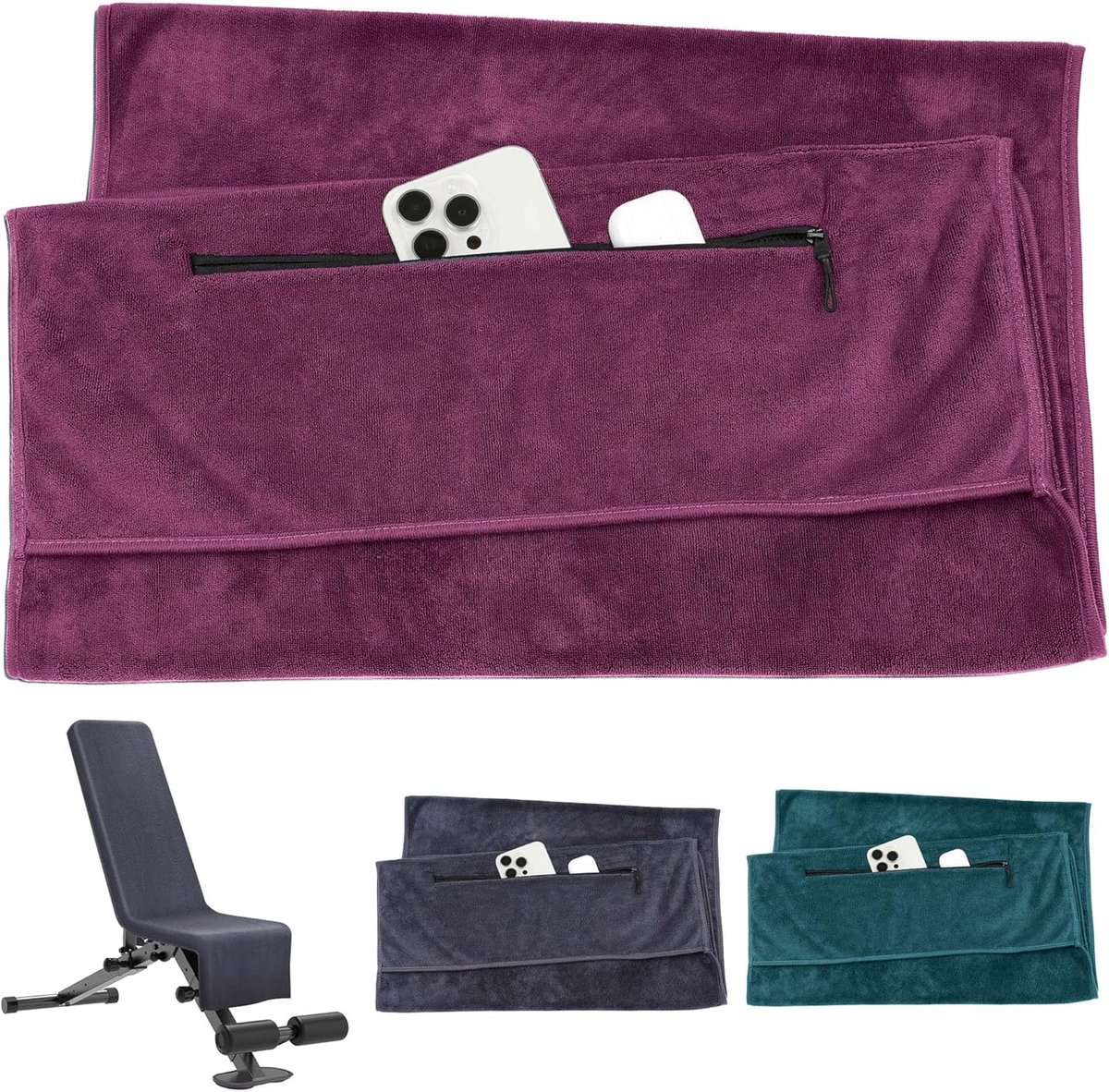 Fitness Handdoek - Sport Handdoek - Intensief Trainen - Met Ritsvak - 120 x 50 cm - Wijnrood
