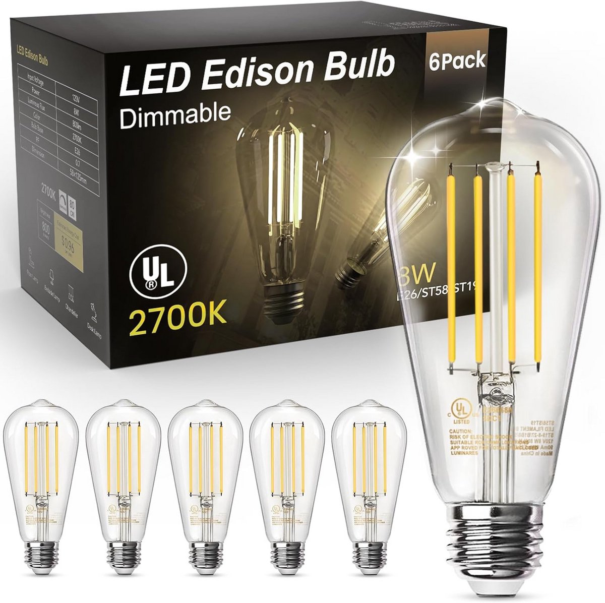 Vintage Edison LED-lampen 8W E26 dimbaar 2700K 800 lumen 6 stuks