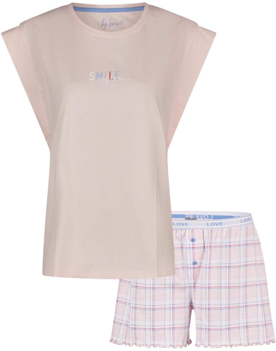 By Louise Dames Korte Pyjama Set Shortama Roze Geruit - Maat XL