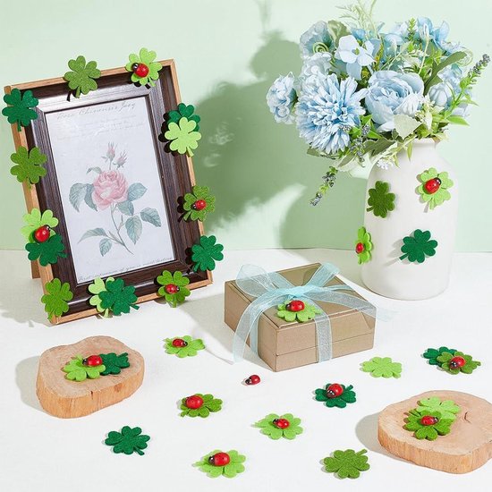 200 stuks Creatief Knutselen Zelfklevende Marienkever Decor hout Mini Bijen Decor Zelfklevend Marienkever Kleefblad Geluksbrenger Viltblomen Geluksklaver Mini Gelukskever voor Knutselen DIY Decor