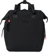 Zwarte Hedgren rugzak met een 180° opening, een laptopvak en oranje details. Het materiaal is waterafstotend en gerecycled.