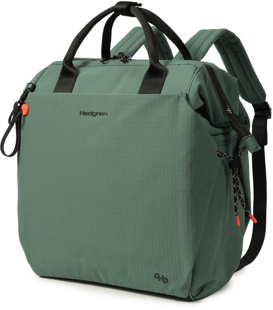 Groene Hedgren rugzak, zijkant met trekkoord en rode details, Hedgren logo.