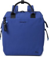 Blauwe Hedgren rugzak met zwarte handvatten, ritsen en trekkoordjes.