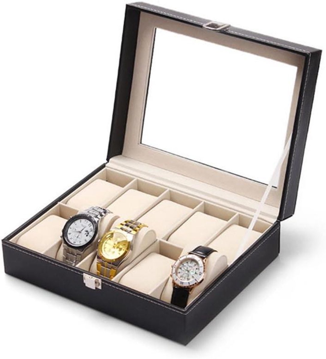 Allecta - Luxe Lederen Horloge Opbergdoos met 10 Grids - Sieraden Organizer voor Horloges