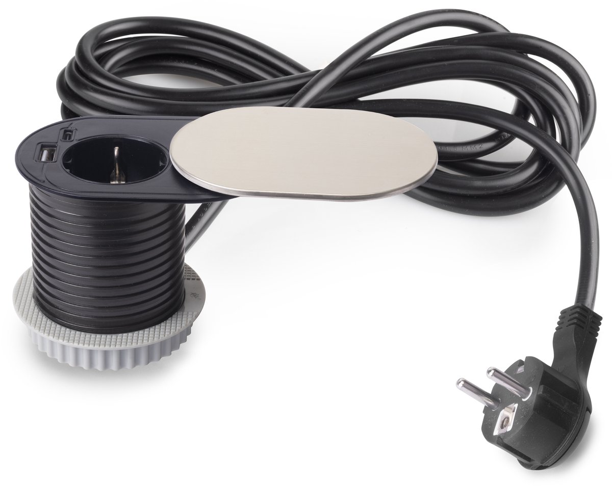 Emuca Multiconnector met Glijders Vertikal Flat 60, diameter 60mm, 1 Schuko stekker, 1 USB Type A, 1
