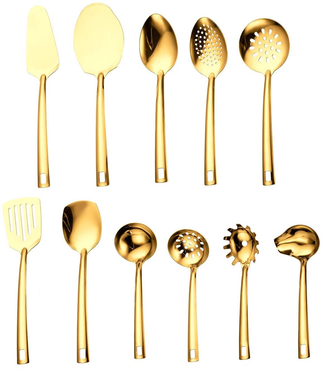 Elkuaie Keukengerei Set - Roestvrijstalen Keukengadgets Set - Ergonomisch Ontwerp En Duurzame Titaniumcoating - 11 Stuks - Voor Koken En Serveren In Goud