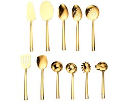 Elkuaie Keukengerei Set - Roestvrijstalen Keukengadgets Set - Ergonomisch Ontwerp En Duurzame Titaniumcoating - 11 Stuks - Voor Koken En Serveren In Goud