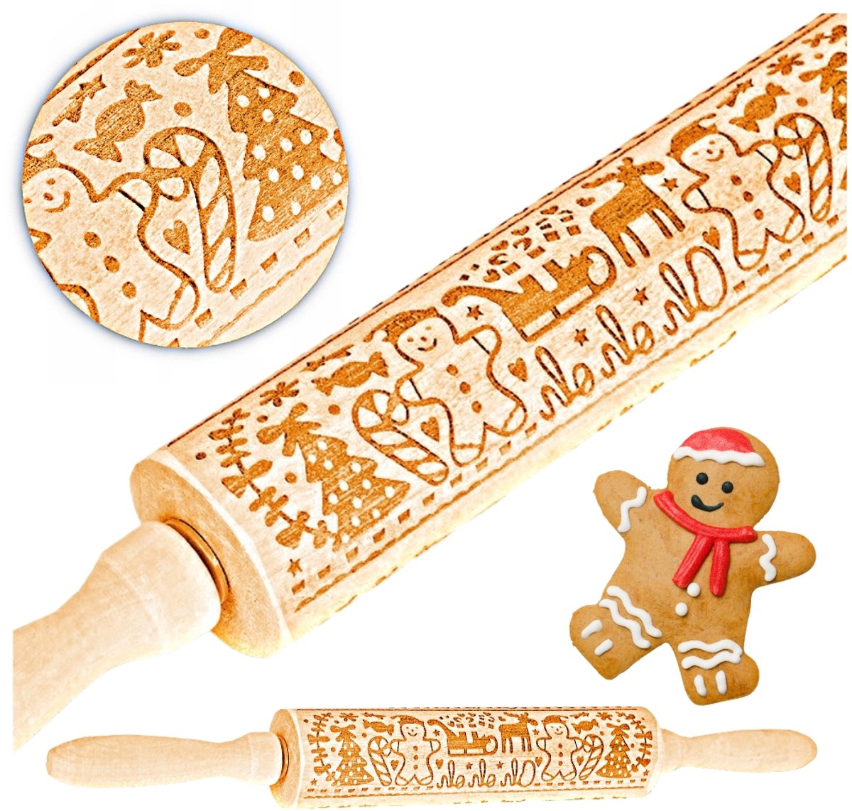 Zolta - Deegroller met Gravure - Houten Kerstmotief - 35,5 cm - Gezond en Veilig