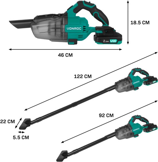 Turquoise en zwarte steelstofzuiger, zonder buis 46cm, met buis 122cm. 18,5cm hoog.