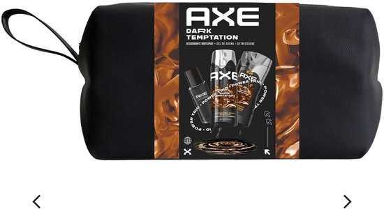 Zwarte toilettas met Axe Dark Temptation logo en drie Axe bodysprays.