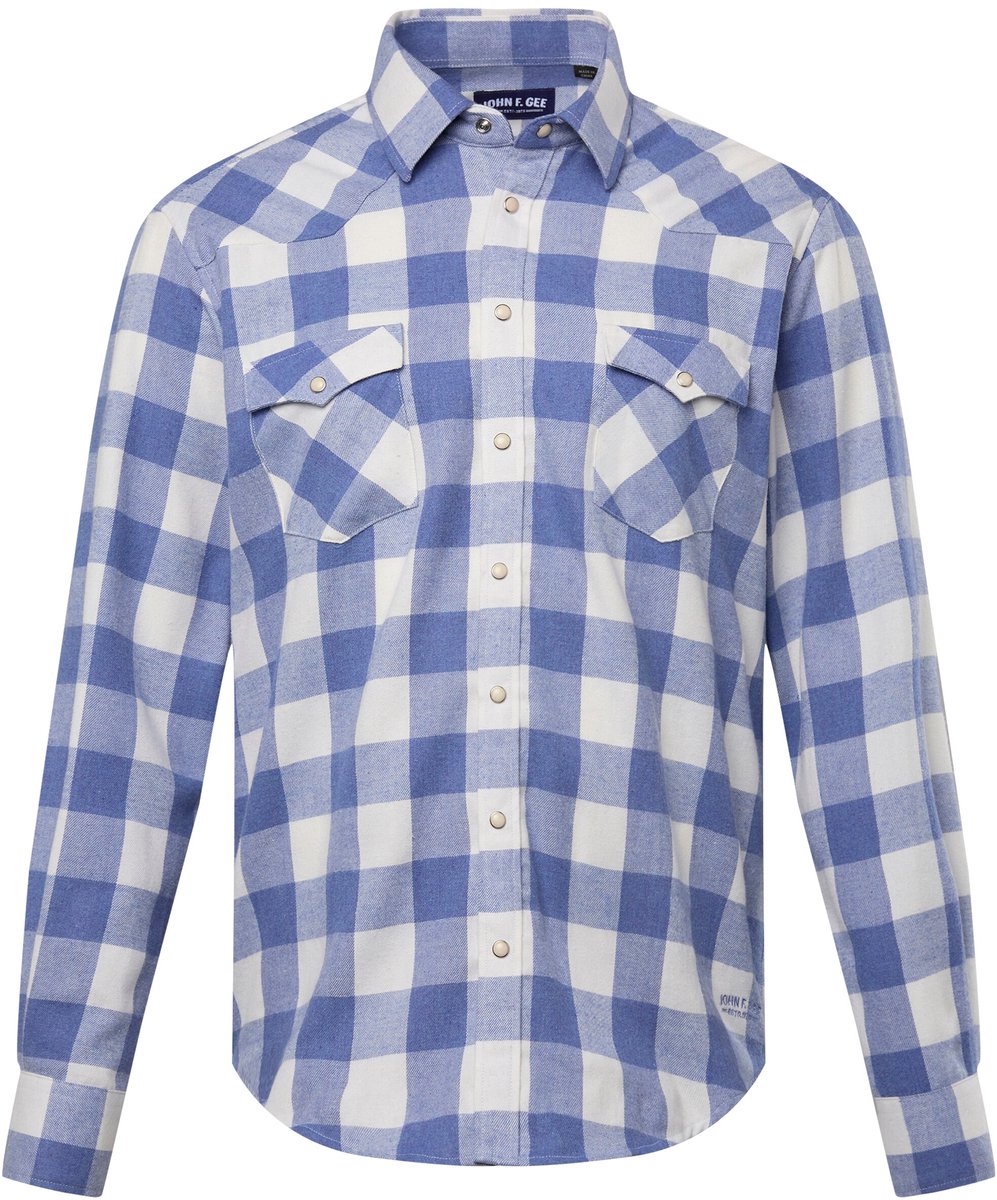 John F. Gee - Heren - Geruit flanellen overhemd lange mouwen kentkraag - Matblauw - Maat 7XL