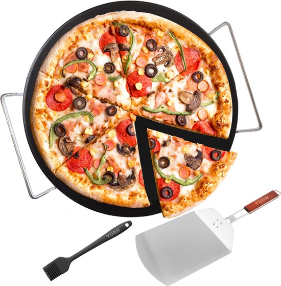 YUGN BLACK Pizzasteen Set 33cm - Cordieriet Keramiek - Inclusief RVS Pizzaschep, Rek en Bakkwast - Geschikt voor BBQ en Oven - Cadeautip