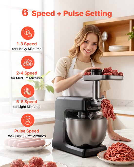 Elektrische Keukenmixer, 7,8 L Keukenmixer met 1500 W Motor, 6+P Snelheden, Kantelbaar Kopontwerp, Inclusief 1,5 L Blenderbeker, Roestvrijstalen Kom, Deeghaak, Garde en Klopper voor Bakken en Mixen, Zwart van Merkloos — afbeelding 4