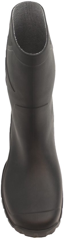 Bovenkant zwarte Dunlop rubberen kuitlaars, ingekant met grijs gestreepte stof.
