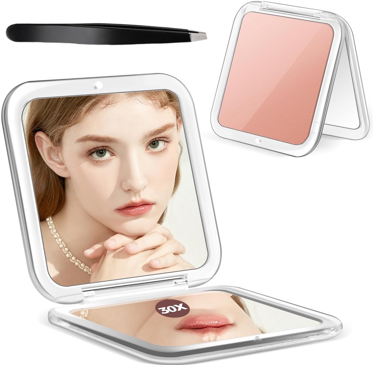 QTTVBTNA - Draagbare Opvouwbare Make-up Spiegel - Tweezijdige spiegel - 30x vergroting - Mini Zakformaat - Met pincet - Roze Goud - 1 stuk
