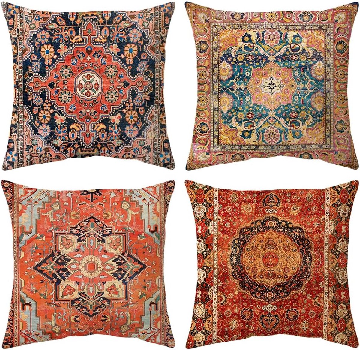Famanu Kussenslopen exotisch rood, 45 x 45 cm, set van 4, decoratieve, vierkante zachte kussenslopen, dubbelzijdige bedrukte boheemse kussenbeschermers voor woonkamer, bank, slaapkamer