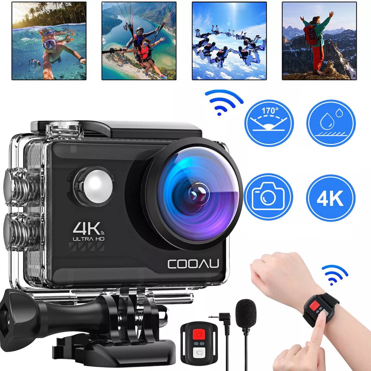Action Camera 4K - 20MP / 60FPS / WiFi / 40M Waterdicht - Actiecamera - Onderwatercamera - Externe Microfoon - Inclusief Accessoires - Gratis App - Onderwatercamera - Beeldstabilisatie EIS - Lader - Afstandsbediening