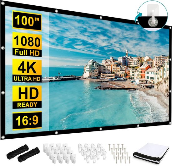 Todeco Projectiescherm 100 inch 16: 9 scherm, opvouwbaar, wasbaar, duurzaam, draagbaar, 4K HD-scherm, projector met draagbare tas voor bioscoop, thuis, kantoor, reizen