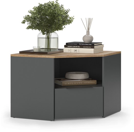 Antracietgrijze hoekkast met houten blad, een plant, boeken, geurkaars en een lade. De kast staat op een witte achtergrond.