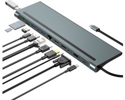 USB-C Dock 12-in-1 -Type-C Hub Triple Monitor Ondersteuning tot 4K - 100W Power Delivery - 4x USB 3.0 - SD/TF Kaartlezer - RJ45 Gigabit Ethernet - Audio Poort - Geschikt voor HP/Dell/MacBook Laptops