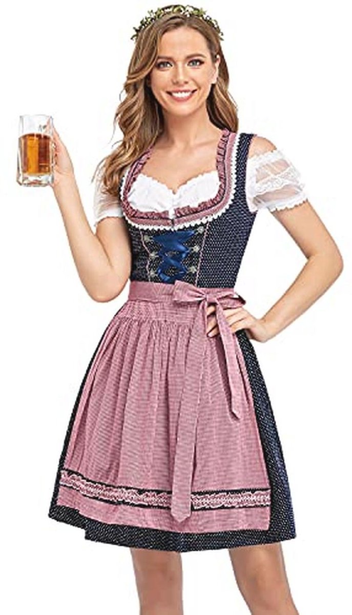 Midi klederdrachtjurk dames voor Oktoberfest - Roze dirndl met bijpassende schort