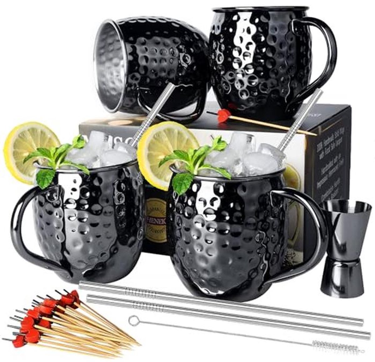 Set van 4 Moscow Mule Mokken - Zwart Vergulde RVS Mokken voor Gekoelde Dranken