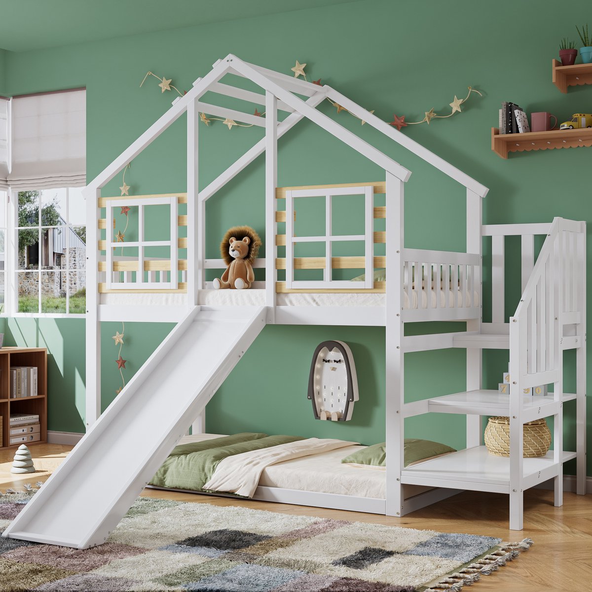 REDOM Huisstapelbed 90x200 cm – Wit/naturel – Met glijbaan, trap & veiligheidshek – Speels