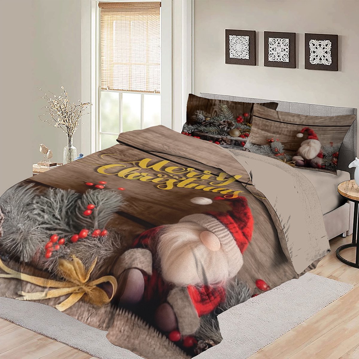 Bed Glow & Apparel – Merry Christmas Dekbedovertrek 200x200 – Kerst Gnome Print – 2 Kussenslopen 60x70 – Feestelijk & Sfeervol