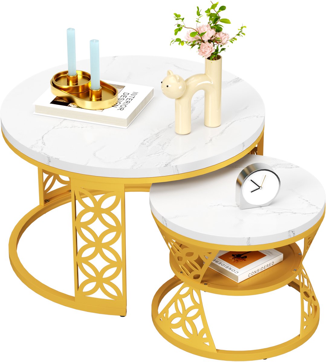 REDOM Salontafel Set van 2 – Ronde Salontafel Goud Metalen Frame – Moderne Nesting Salontafel – Woonkamer Tafel / Bijzettafel – Minimalistisch Design – Ruimtebesparend – Wit/Goud