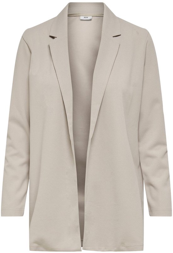 Een lange, beige blazer met open voorkant en lange mouwen, zwevend.