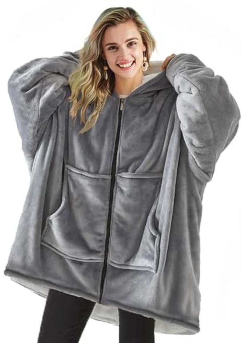 Oversized geruite hoodie met ritssluiting voor dames en heren - Sherpa-fleece in Grijs, One Size