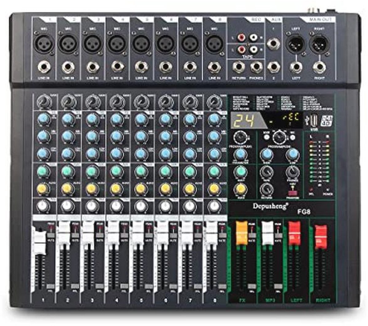 Professionele 8-kanaals audio mixer met USB interface en DSP effecten