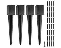 (Verpakking van 4) LADECH 4x4 hek paal anker grondpen 60 cm lengte metaal zwart gepoedercoat - brievenbus paalankers - geschikt 3,5 x 3,5 cm houten paal